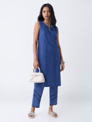 Utsa Indigo Floral Embroidered Cotton Straight Kurta