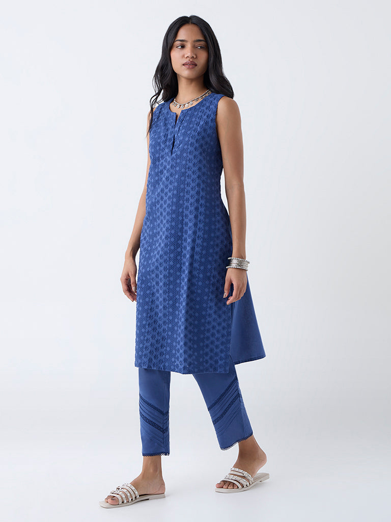 Utsa Indigo Floral Embroidered Cotton Straight Kurta - Image 2