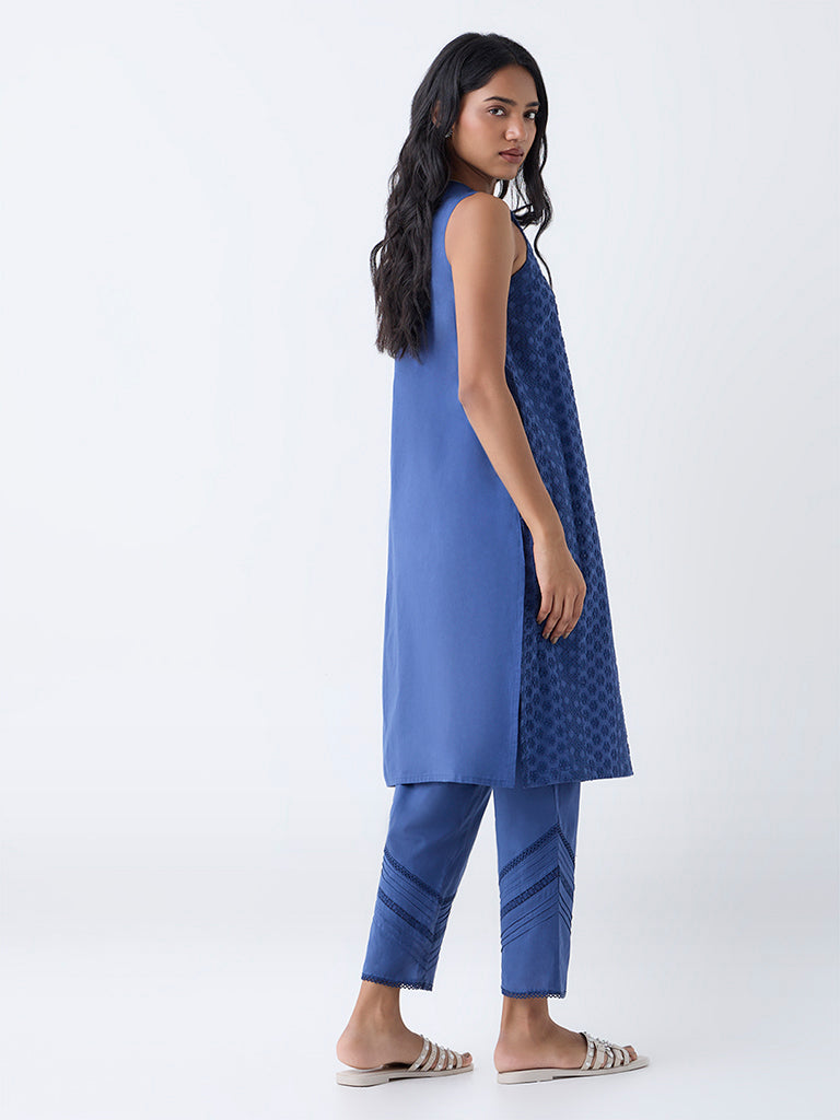 Utsa Indigo Floral Embroidered Cotton Straight Kurta - Image 4