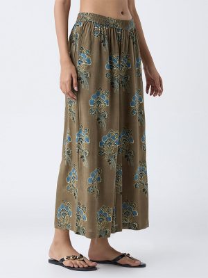 Utsa Olive Floral Pattern Palazzos