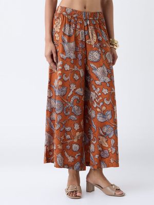 Utsa Orange Kalamkari Floral Printed Pants