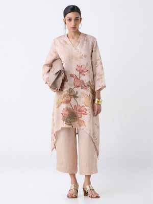 Zuba Beige Floral Printed A-Line Kurta