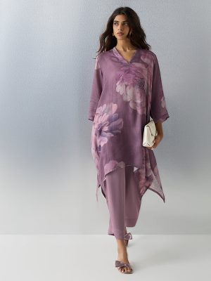 Zuba Purple Floral Printed High-Low Kurta