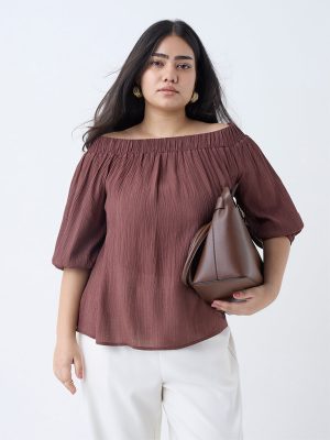 Gia Brown Crinkle Textured Off-Shoulder Top