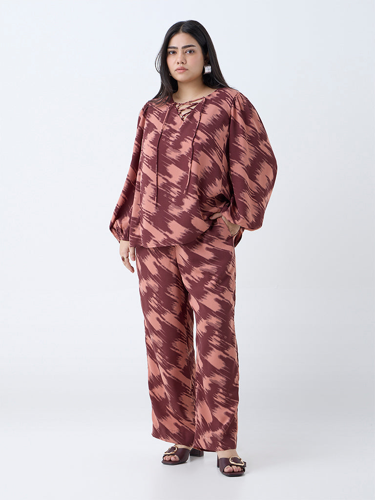 Gia Burgundy Abstract Design High-Rise Trousers