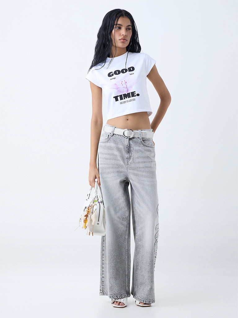 Nuon White Text Printed Cotton-Blend T-Shirt