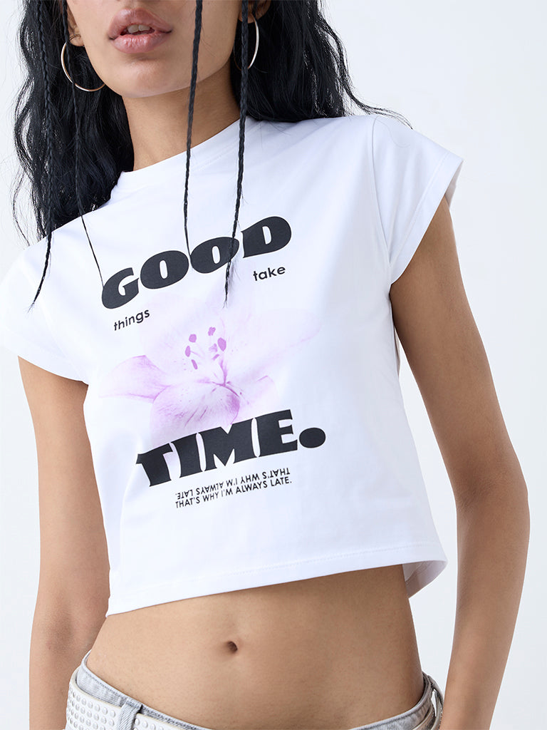 Nuon White Text Printed Cotton-Blend T-Shirt - Image 3