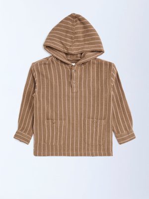 HOP Kids Taupe Striped Cotton Hoodie