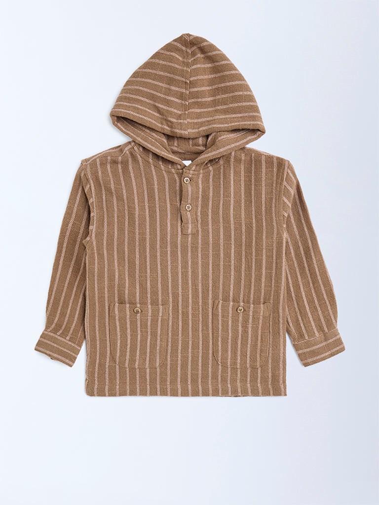 HOP Kids Taupe Striped Cotton Hoodie