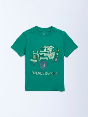 HOP Kids Green Embossed Cotton T-Shirt