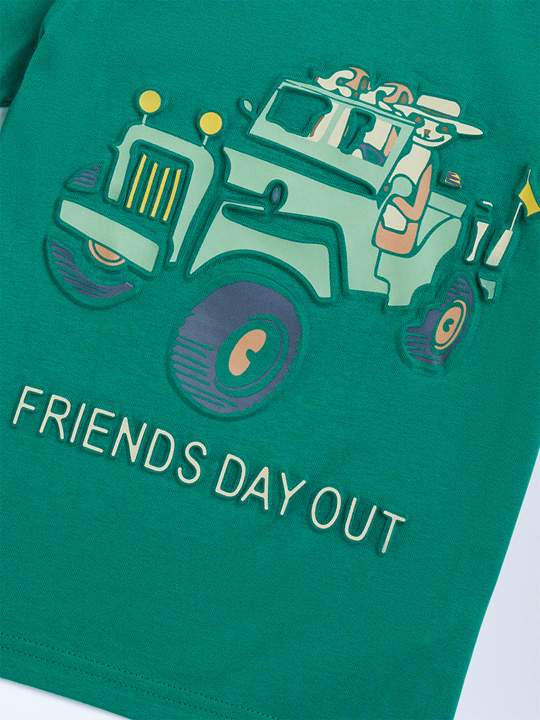 HOP Kids Green Embossed Cotton T-Shirt - Image 3