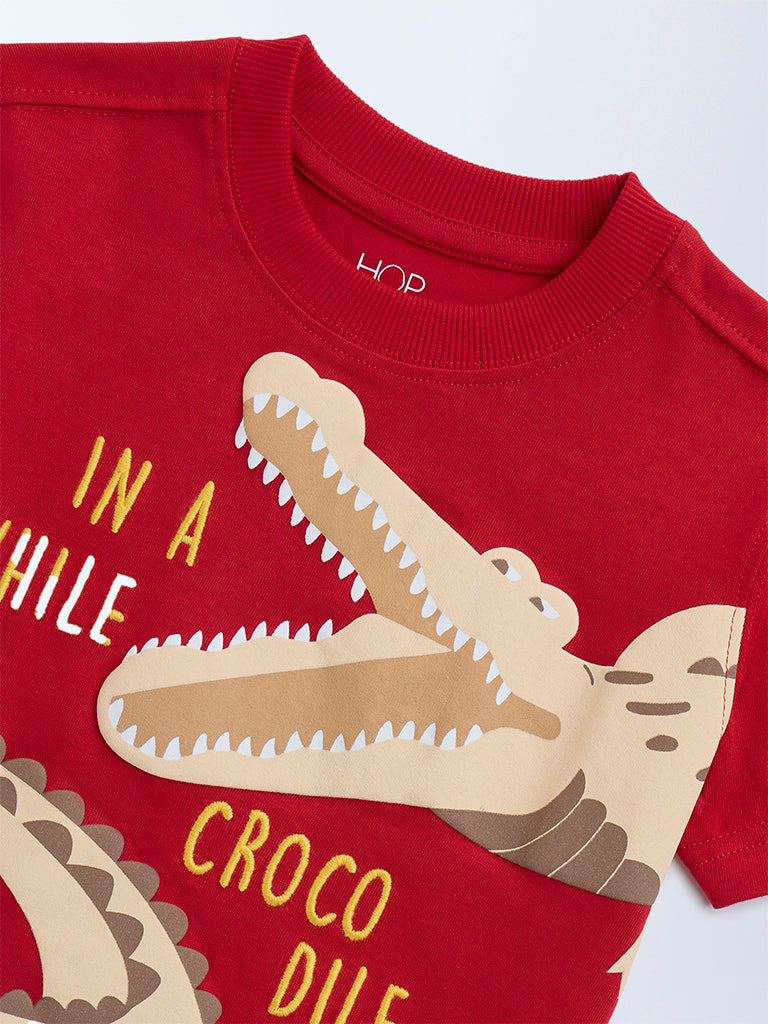 HOP Kids Red Animal Printed Cotton T-Shirt - Image 3