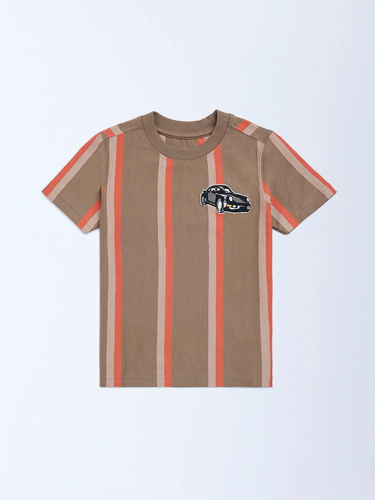 HOP Kids Taupe Striped Cotton T-Shirt - Image 4