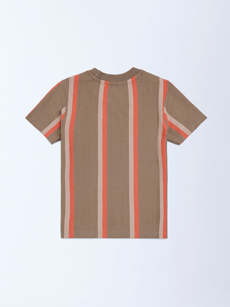 HOP Kids Taupe Striped Cotton T-Shirt - Image 5