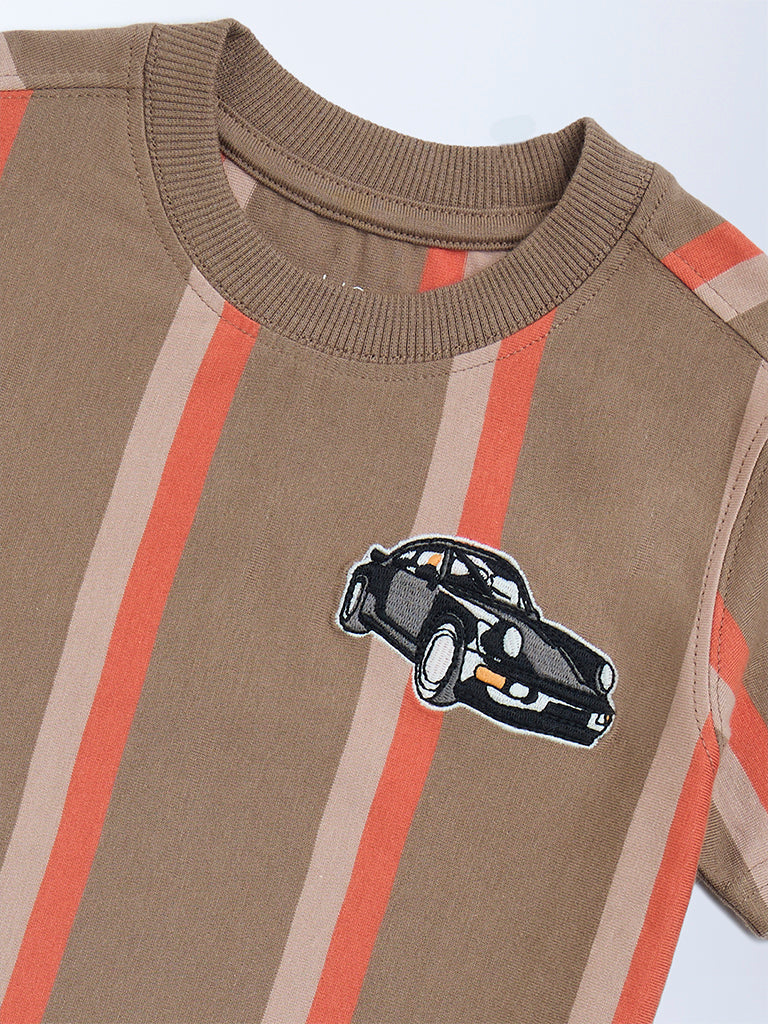 HOP Kids Taupe Striped Cotton T-Shirt - Image 6