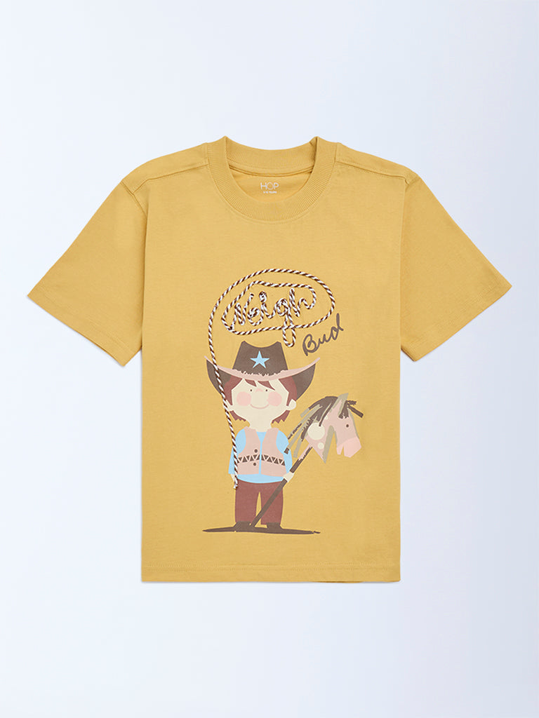 HOP Kids Mustard Printed Cotton T-Shirt - Image 3