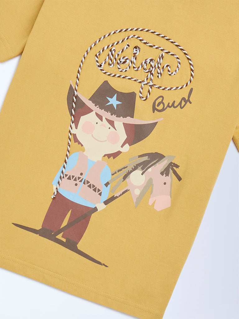 HOP Kids Mustard Printed Cotton T-Shirt - Image 5