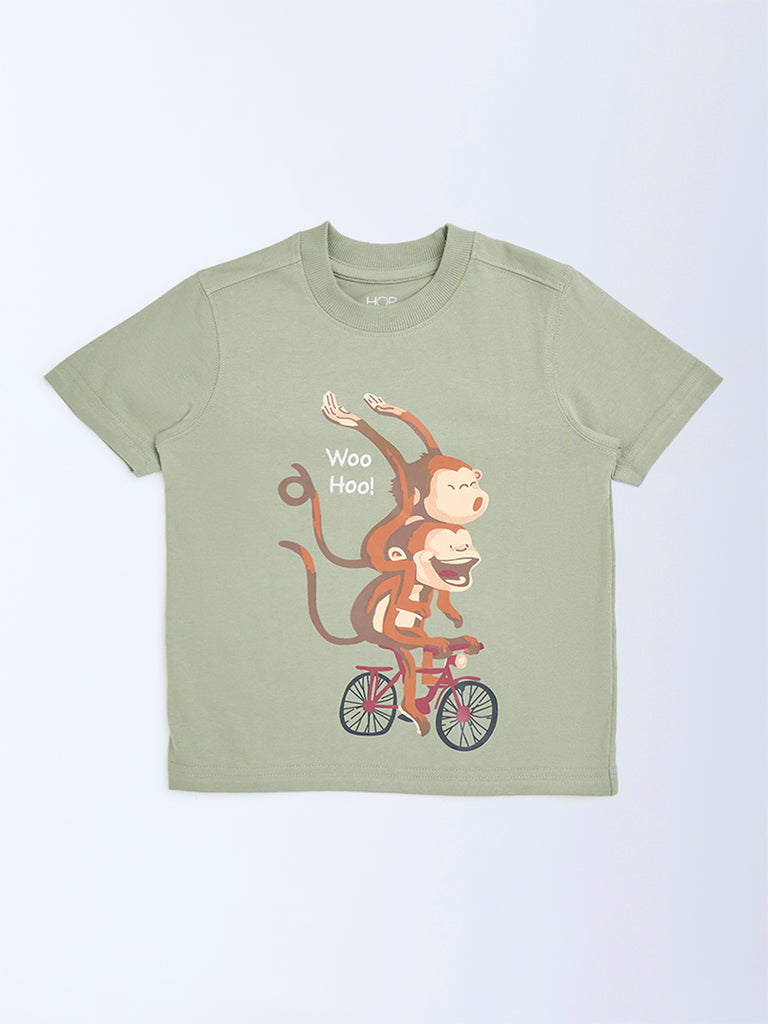 HOP Kids Sage Animal Printed Cotton T-Shirt
