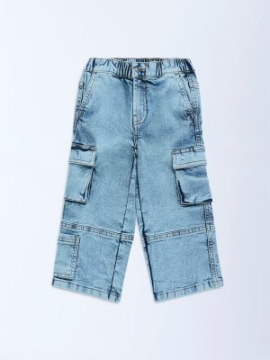 HOP Kids Blue Washed Relaxed-Fit Mid-Rise Cargo Jeans