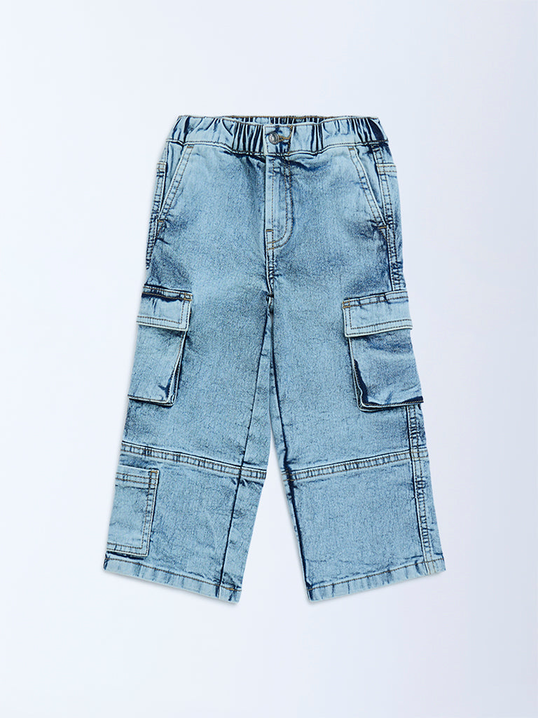 HOP Kids Blue Washed Relaxed-Fit Mid-Rise Cargo Jeans