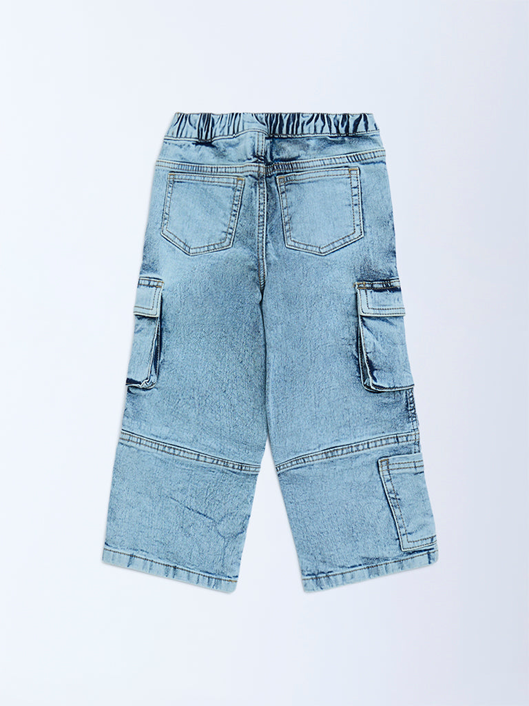 HOP Kids Blue Washed Relaxed-Fit Mid-Rise Cargo Jeans - Image 3