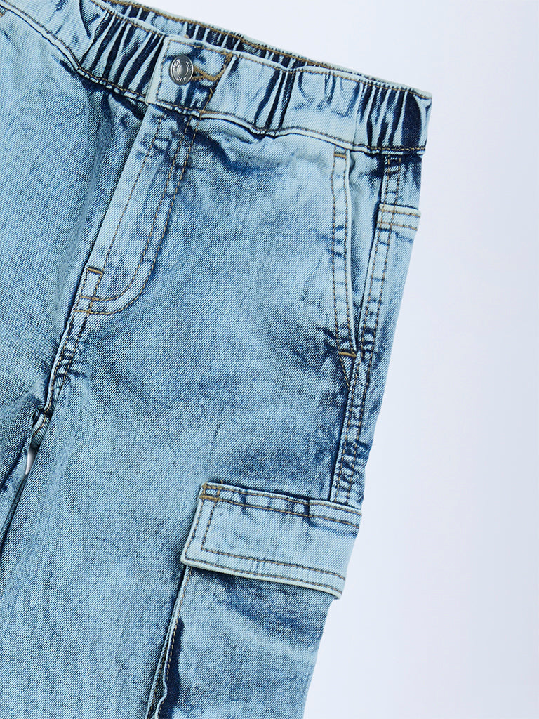 HOP Kids Blue Washed Relaxed-Fit Mid-Rise Cargo Jeans - Image 4