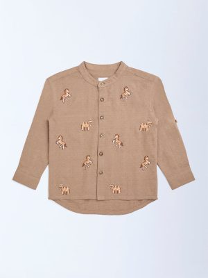 HOP Kids Brown Animal Embroidered Cotton Shirt