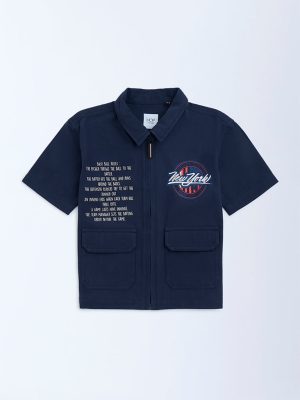 HOP Kids Navy Text Printed Cotton Shirt