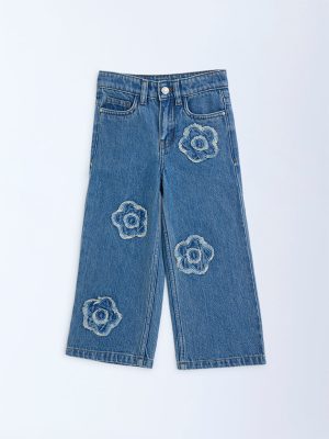 HOP Kids Blue Floral Design High-Rise Relaxed-Fit Jeans