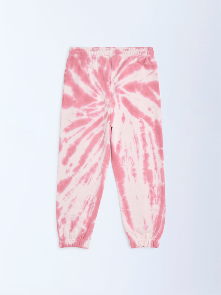 HOP Kids Dusty Pink Tie-Dye High-Rise Cotton-Blend Joggers - Image 3