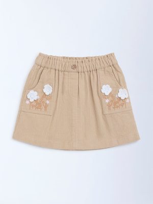 HOP Kids Taupe Floral Embroidered High-Rise Cotton Skirt