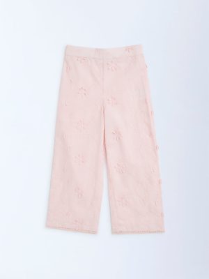 HOP Kids Pink Floral Embroidered High-Rise Cotton Pants