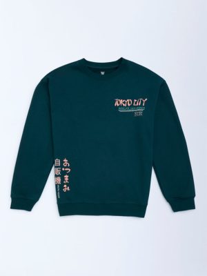 Y&F Kids Dark Green Printed Cotton-Blend Sweatshirt