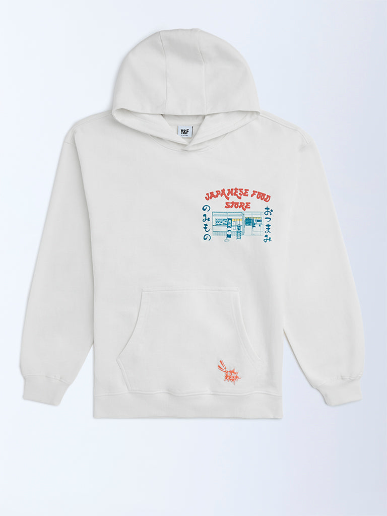 Y&F Kids Off-White Printed Cotton Hoodie