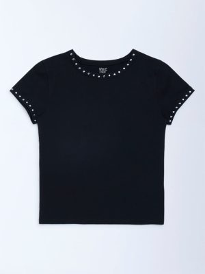 Y&F Kids Black Stud-Detailed Cotton-Blend T-Shirt