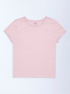 Y&F Kids Pink Stud-Detailed Cotton-Blend T-Shirt