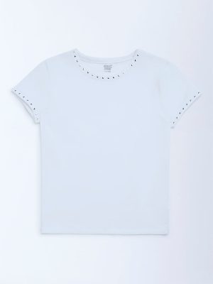 Y&F Kids White Stud-Detailed Cotton-Blend T-Shirt