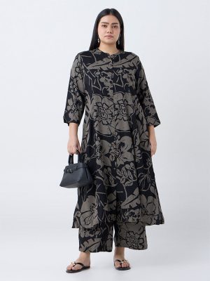Diza Black Botanical-Printed A-Line Kurta