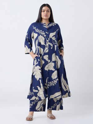 Diza Indigo Floral Printed A-Line Kurta