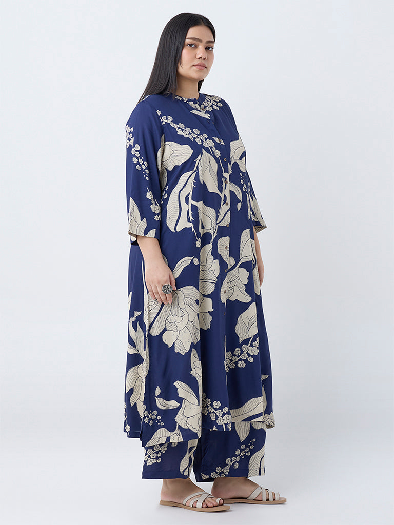 Diza Indigo Floral Printed A-Line Kurta - Image 2