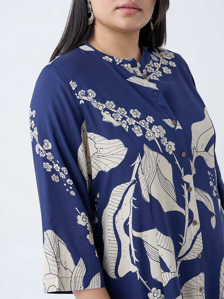 Diza Indigo Floral Printed A-Line Kurta - Image 3