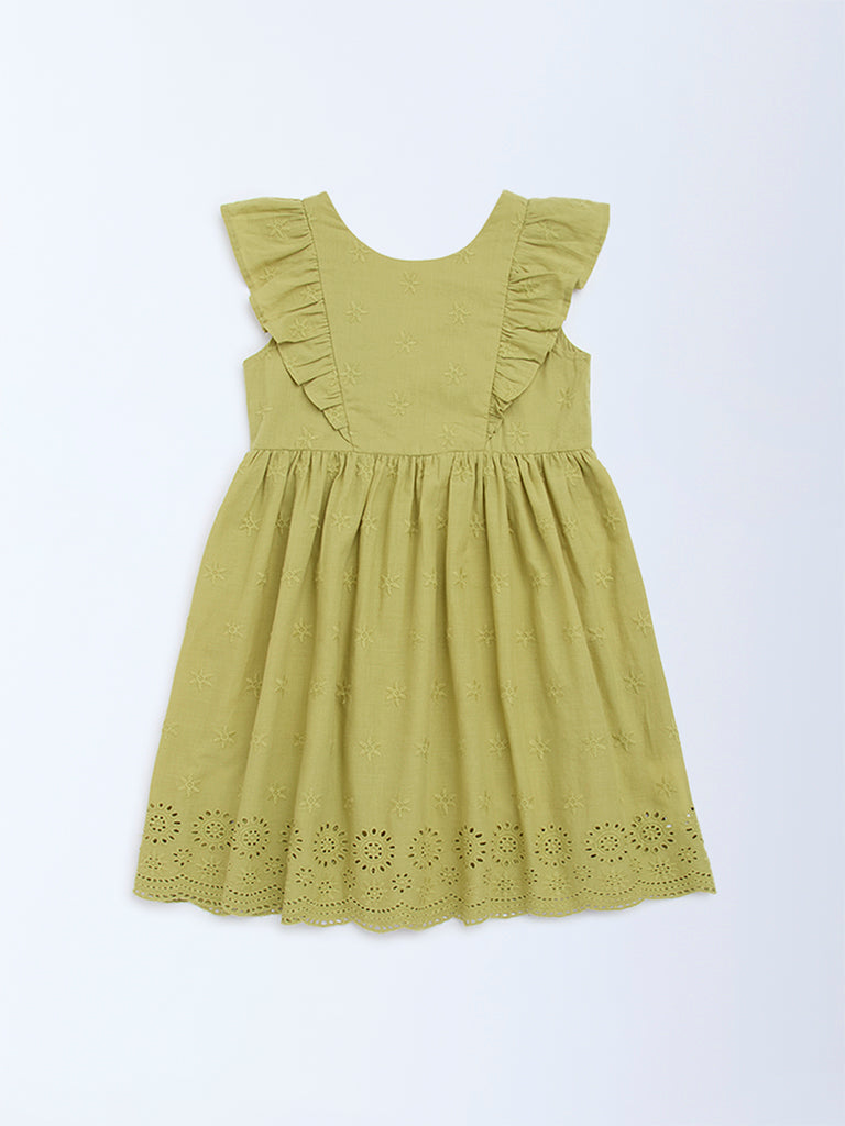 Utsa Kids Light Green Floral Embroidered Cotton A-Line Dress - (2-8yrs) - Image 2