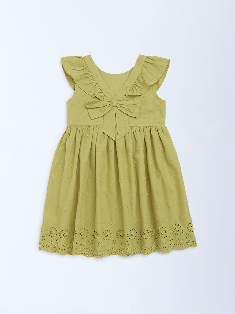 Utsa Kids Light Green Floral Embroidered Cotton A-Line Dress - (2-8yrs) - Image 3