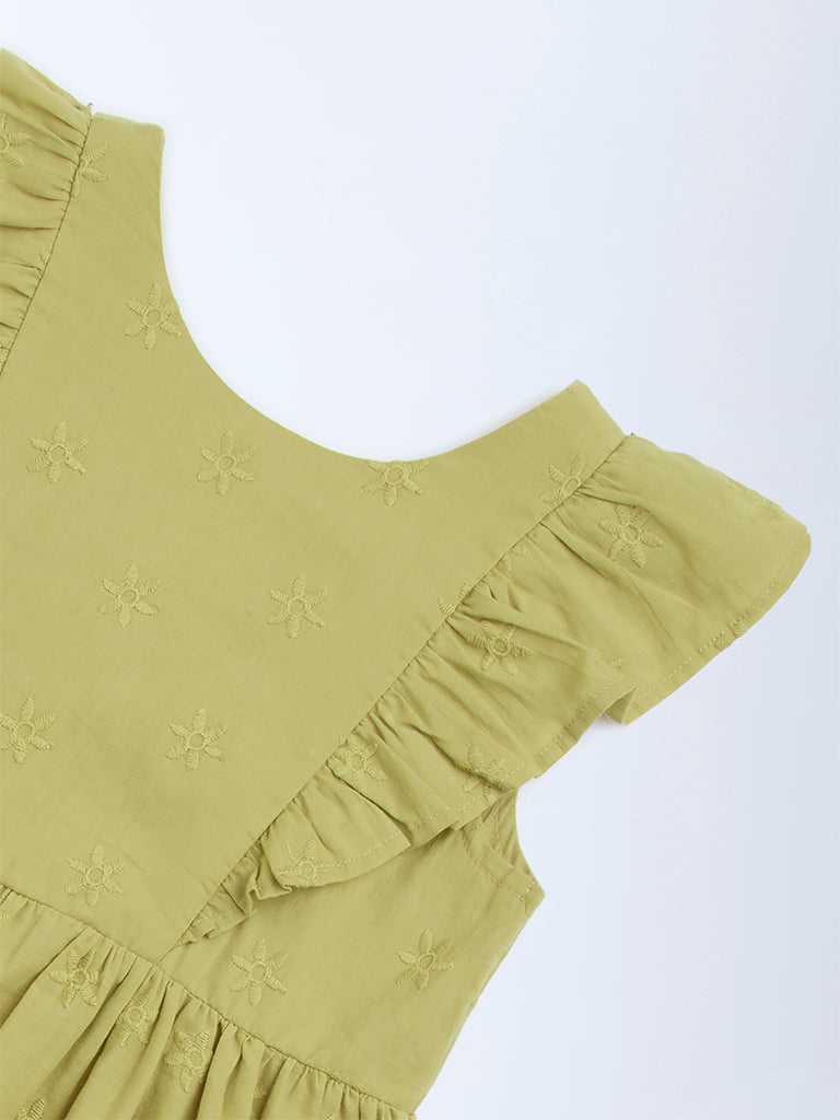 Utsa Kids Light Green Floral Embroidered Cotton A-Line Dress - (2-8yrs) - Image 4