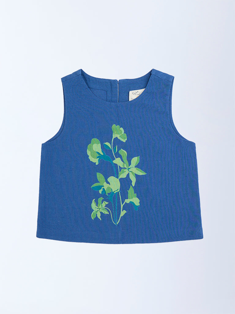 Utsa Kids Navy Botanical Design Cotton Ethnic Top - (2-8yrs)
