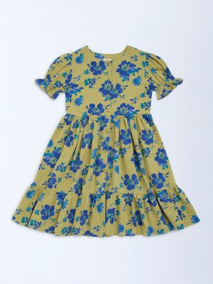 Utsa Kids Green Floral Printed Cotton A-Line Dress - (8-14yrs)