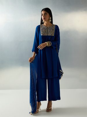 Vark Navy Floral Embroidered Fit-and-Flare Ethnic Set