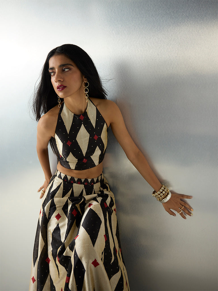 Vark Black Geometric Design Halter Neck Top