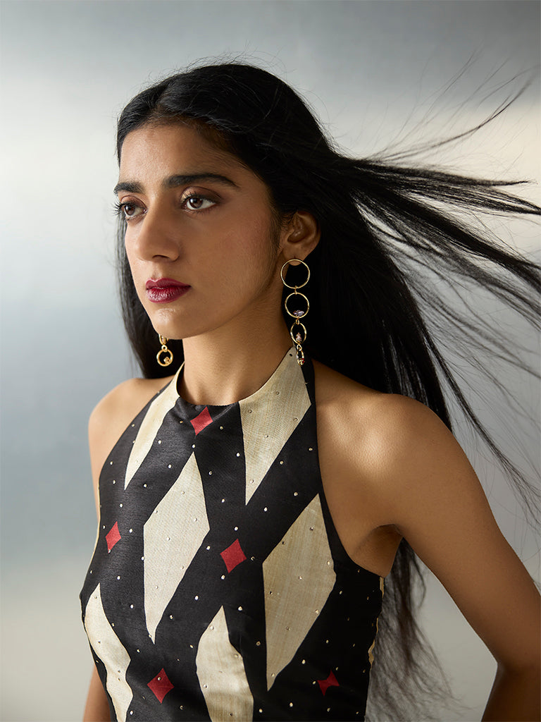 Vark Black Geometric Design Halter Neck Top - Image 3