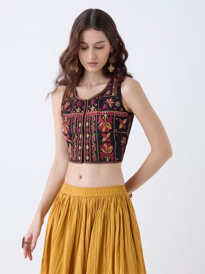 Utsa Black Embroidered Cotton-Blend Top